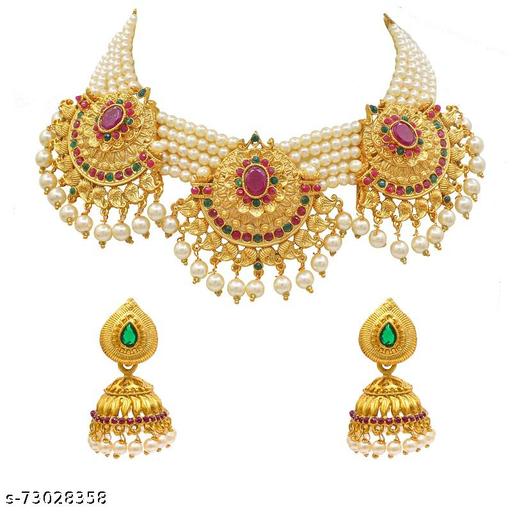 Latest-Matte-Gold-Finish-Wonderful-Choker-Necklace-Set-For-Stylish-Look-For-Women-&-Girls