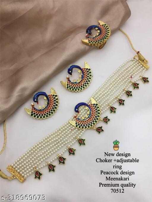 Multicolor-Meenakari-Peacock-Choker-Necklace-Earring-&-Ring