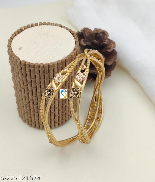antique ssigner gorgeous stunning ad diamond studded daily wear golden bangle in set of 2 pcs