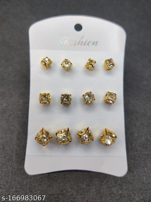 Squre shape golden stone different size tops/studs earrings multicolor for girls and kids pack of 6pcs