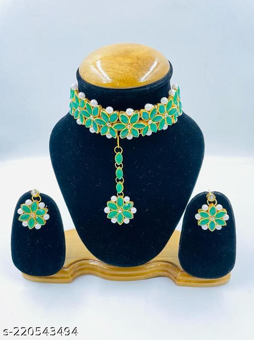 MicroBirdss-Traditional-Womens-Attractive-Ethnic-Design-Gold-Plated-Kundan-Pearl-&-Beads-Choker-Necklace,-Earring-With-Maangtikka-Jewellery-Set-For-Girls-&-Womens-(green)