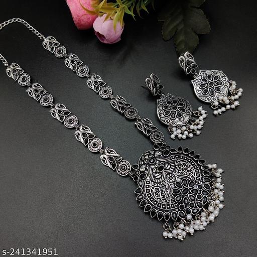Oxidised-Brass-made-long-Necklace-Set-with-Ear-rings-,